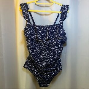 kona sol navy blue spotted one piece swim, size 14